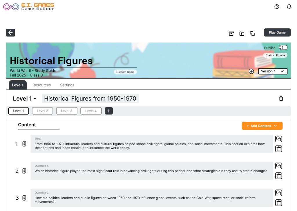 Refined game builder UI with orange accent and content rows