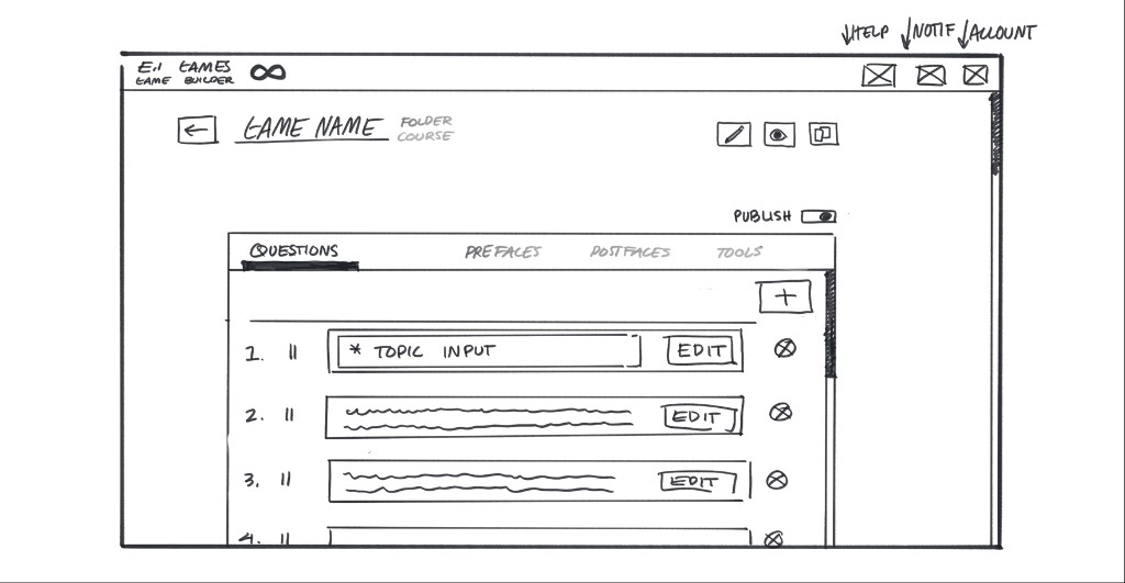 Sketched wireframe for game builder tabs and question list