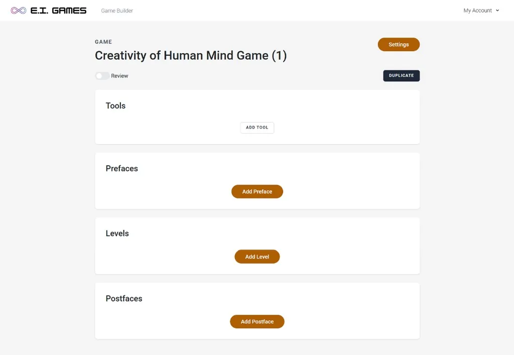 Game builder UI before redesign: stacked Tools, Prefaces, Levels and Postfaces panels with small add buttons.