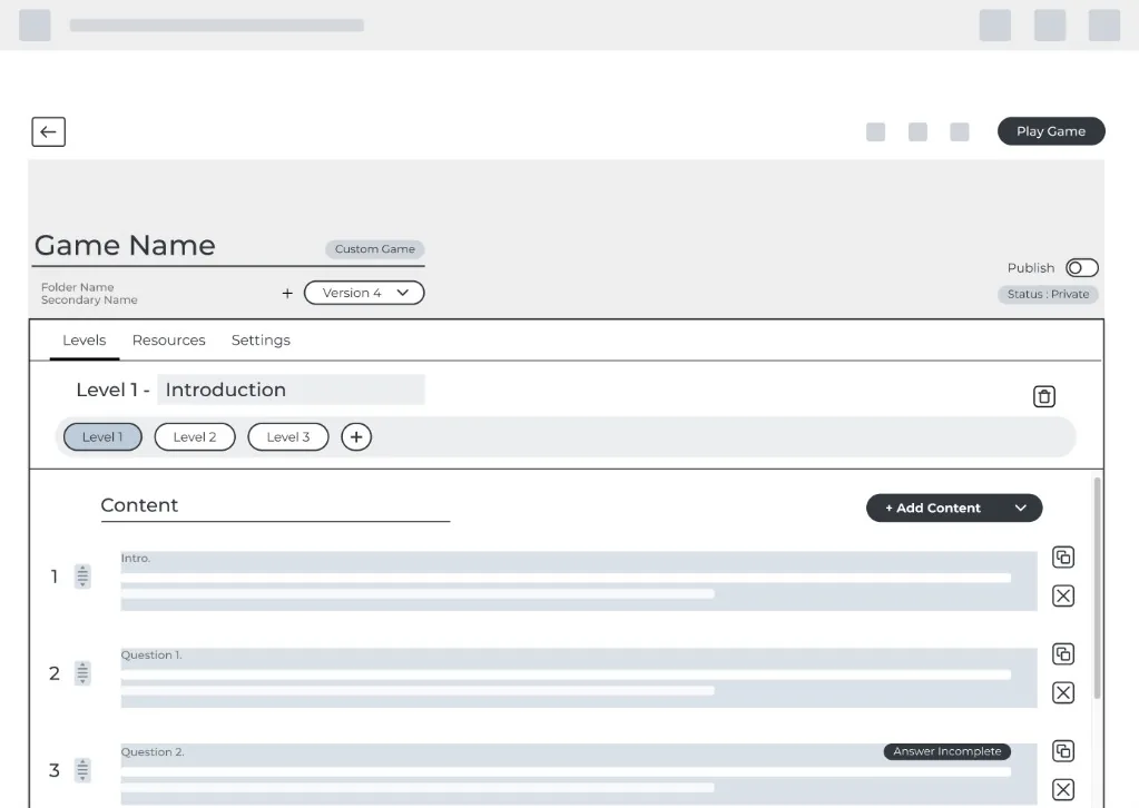 Card-based game builder home with Tools, Prefaces, Levels and Postfaces.