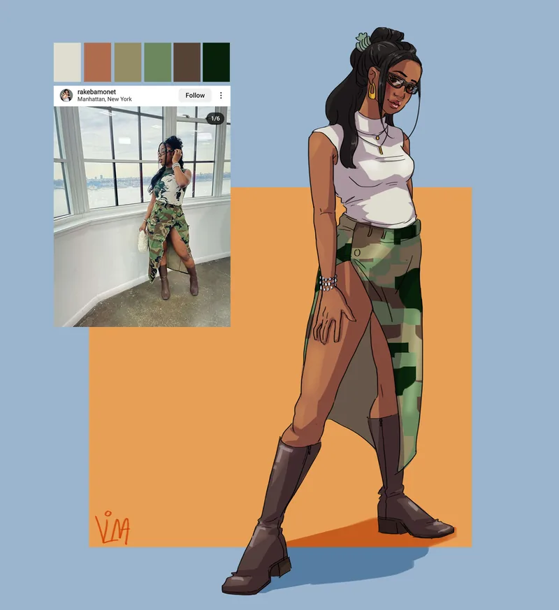 Fashion illustration of a woman in a white top, camouflage wrap skirt and brown knee boots, drawn from the outfit photo shown beside it with its colour palette.