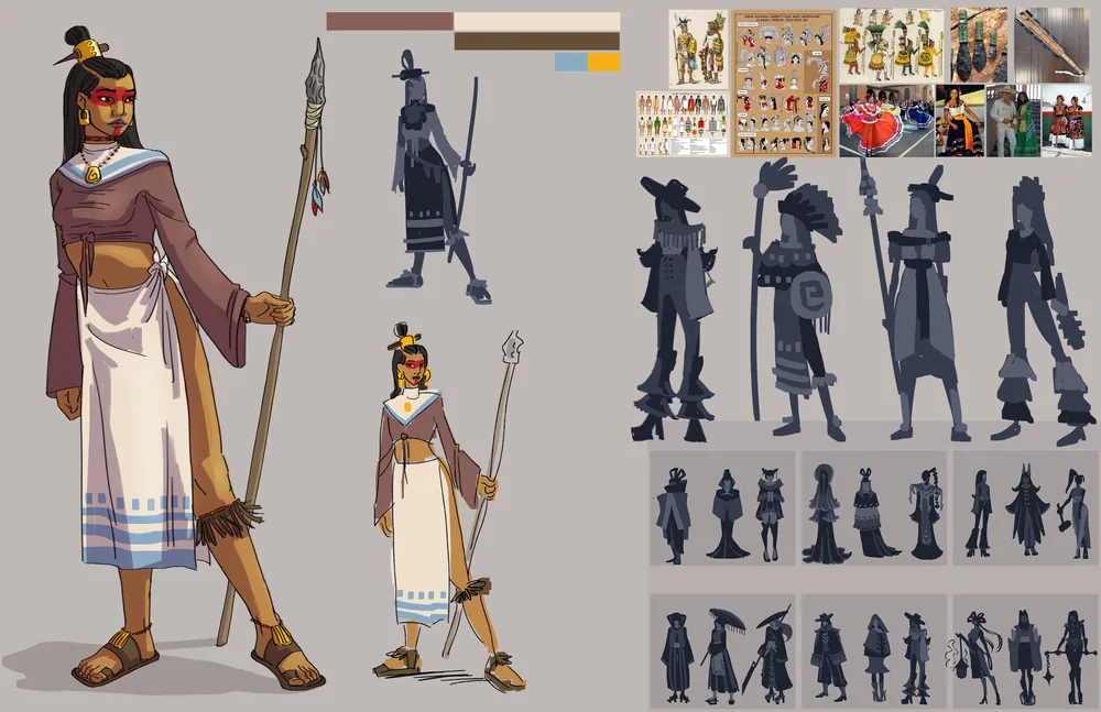 Character design sheet: a warrior woman with a spear, red face paint and a cream skirt with blue bands, shown with a rough version, palette, research images and rows of silhouette explorations.