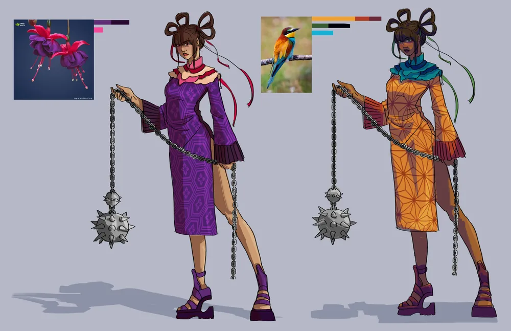 Character design sheet: the same character in two colour schemes, a purple dress inspired by a fuchsia flower and an orange dress inspired by a bee-eater bird, each holding a spiked flail, with reference photos and palettes.