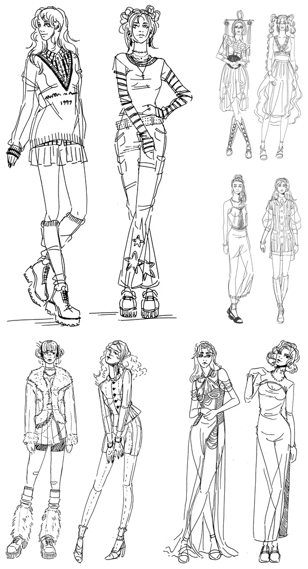 Fashion sketches, part 1 of 4: full-length figures in knitwear, striped tops, a fur-trimmed jacket and long draped dresses.