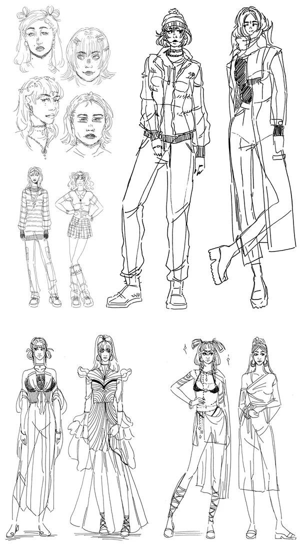 Part 2 of 4: four face studies, figures in a puffer jacket and long coat, and figures in sculptural, layered gowns.
