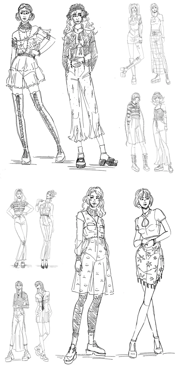 Part 3 of 4: figures in ruffled skirts, utility jackets, a lace-up dress and smaller outfit sketches.