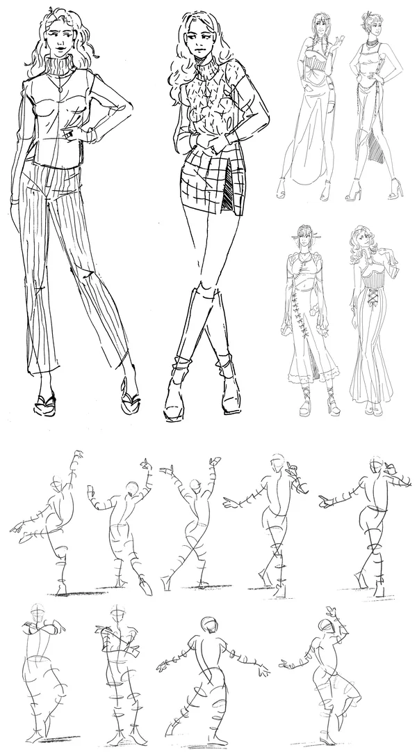 Part 4 of 4: figures in wide trousers and a plaid skirt, smaller outfit sketches, and rows of gesture and mannequin studies.