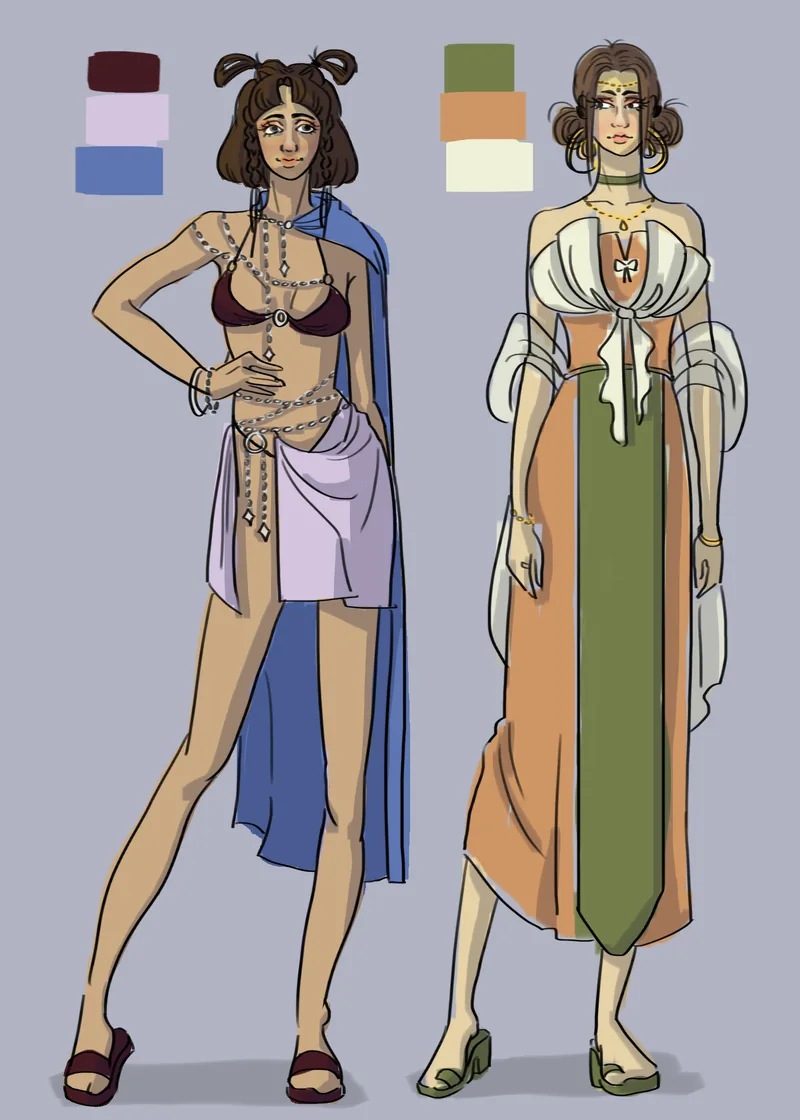 Two costume designs with palettes: a blue cape, lilac wrap skirt and silver body chains, and a long orange and green dress with a white ruched top.