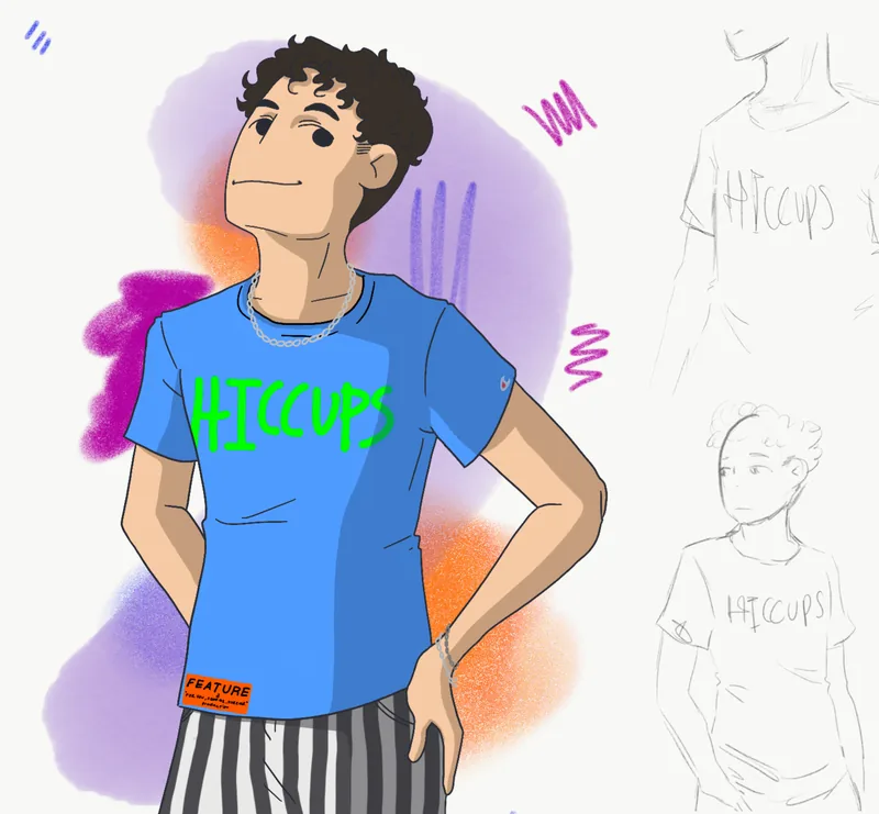 A young man in a blue HICCUPS T-shirt with a hand on his hip, against purple and orange paint splashes, with sketches beside him.