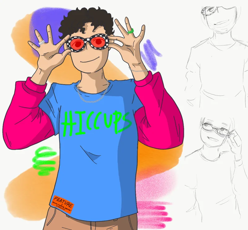 A young man in a HICCUPS T-shirt and pink sleeves holding up checkered red sunglasses, with sketches beside him.