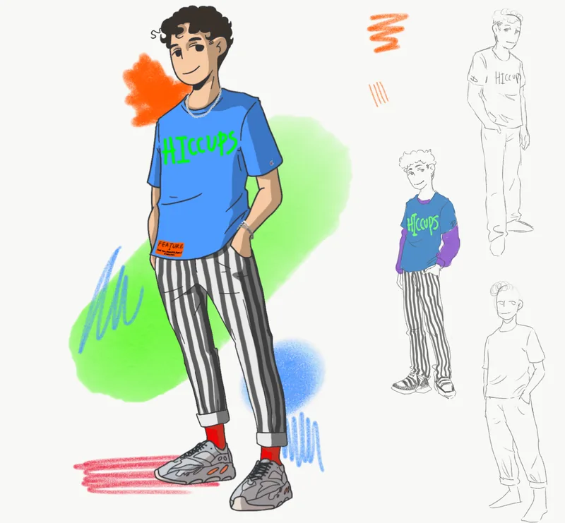 Full-length illustration of a young man in a blue HICCUPS T-shirt, striped trousers and sneakers, with pencil sketches beside him.