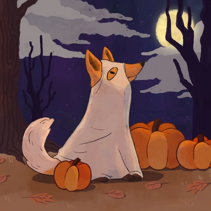 Halloween illustration: a fox wearing a ghost sheet, sitting among pumpkins under a full moon.