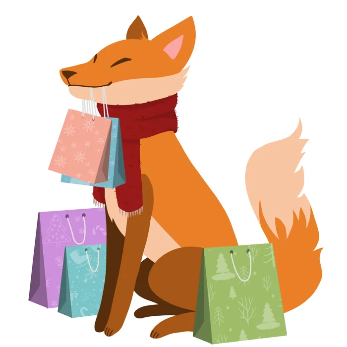 Holiday shopping illustration: a smiling fox in a red scarf carrying gift bags in its mouth, with more bags at its feet.