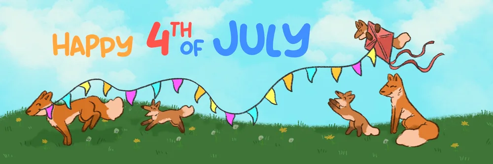 Happy 4th of July banner: a fox family in a grassy field with colorful bunting and a cub riding a kite.