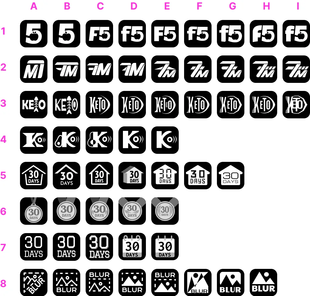 Black and white logo grid exploring marks for F5, 7M, Keto, 30 Days and Blur apps.