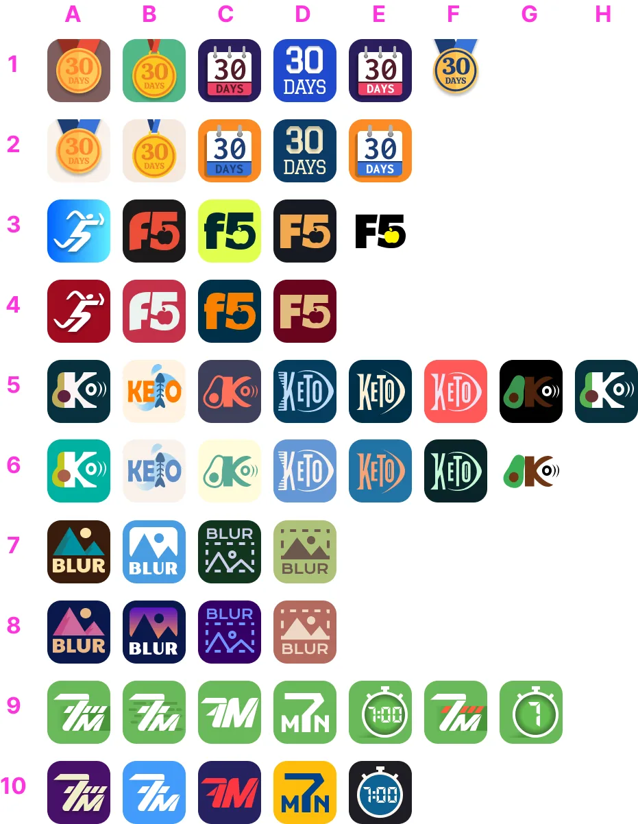 Color variations of the same app logos in blues, greens, oranges and purples.