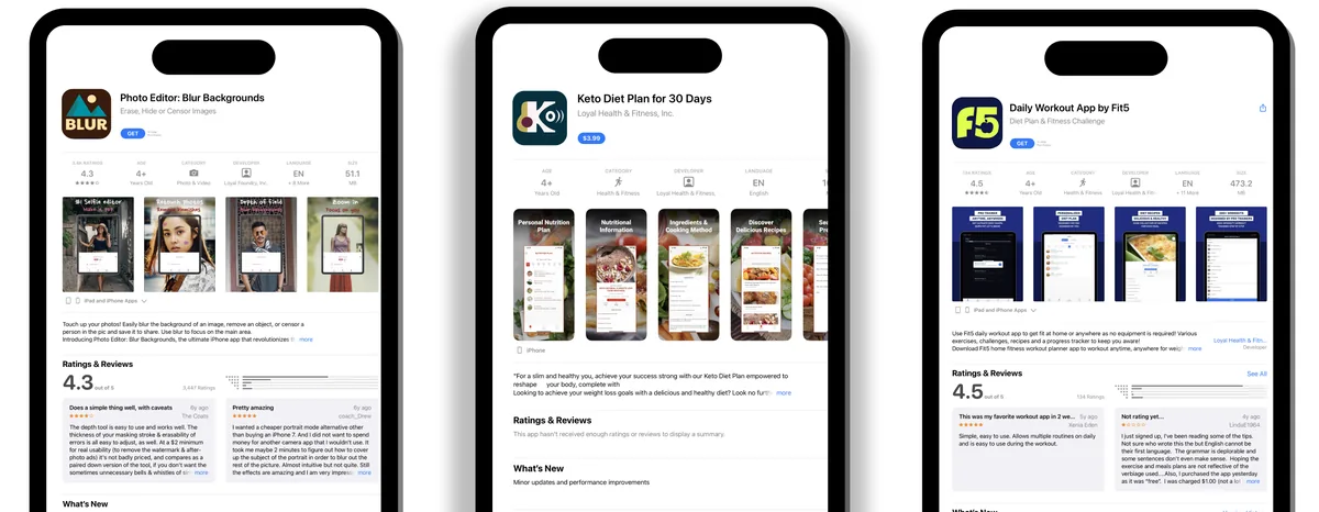 Three App Store listings on phones using the final logos: Photo Editor: Blur Backgrounds, Keto Diet Plan for 30 Days, and Daily Workout App by Fit5.