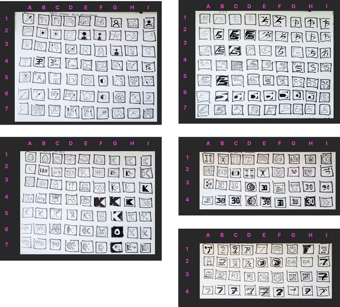 First round of hand-drawn logo sketches on gridded sheets labelled A to I.