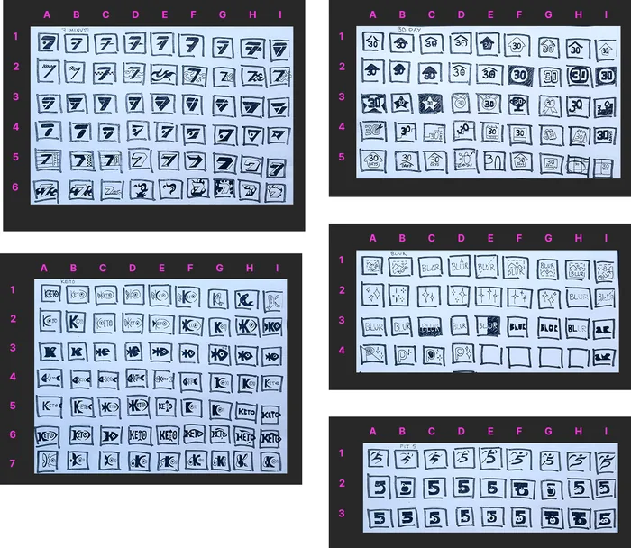 Second round of refined hand-drawn logo sketches on gridded sheets.
