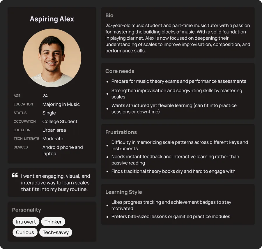 Persona card for Aspiring Alex, a college music student. A full text version is beside it.