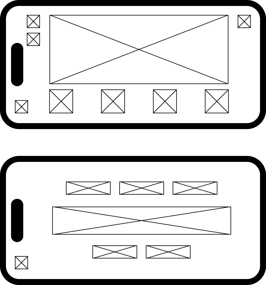 Two landscape phone wireframes with X-marked bounding boxes mapping placeholder regions for UI assets.
