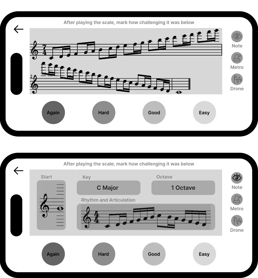 Two landscape mockups: the top shows dense full notation for a long scale with sidebar Note, Metro and Drone and Again through Easy ratings; the bottom shows notation off, with start note, key, octave and a rhythm summary in the main area.