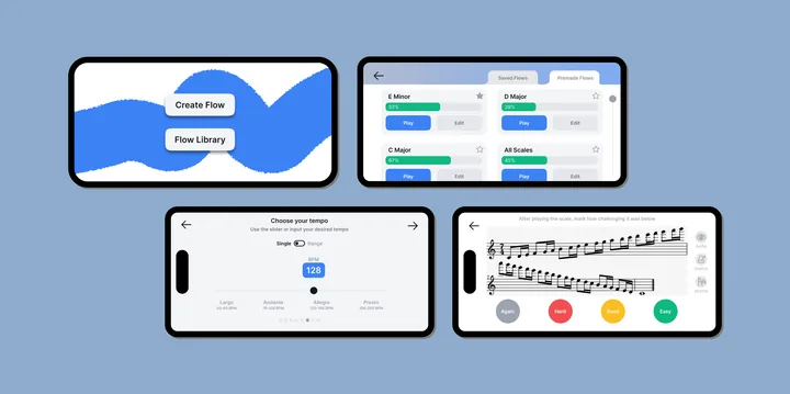 Scaly music app screens on a patterned background.