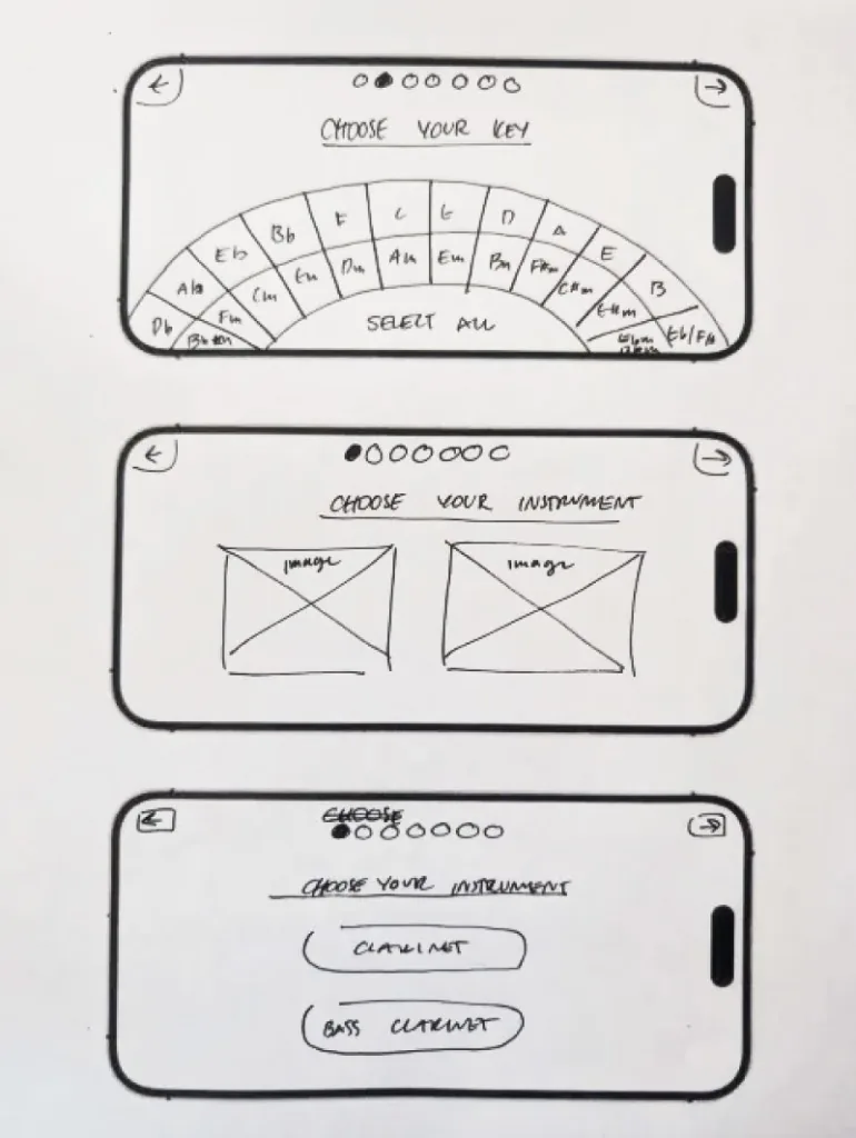 Ideation sketches: choose your instrument—image tiles and clarinet options.