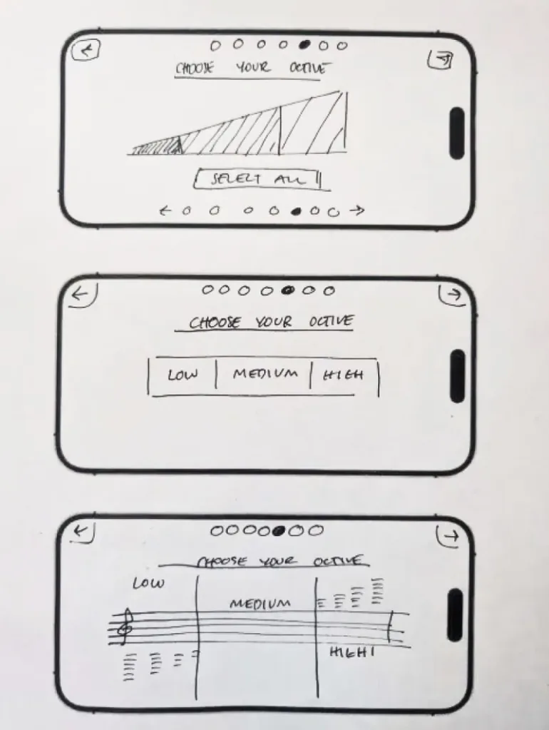 Ideation sketches: choose your octave—three landscape phone concepts.