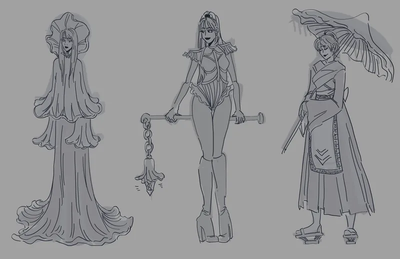 Three greyscale costume sketches: a tiered ruffled gown, an outfit with a chain flail, and a robe with a parasol.