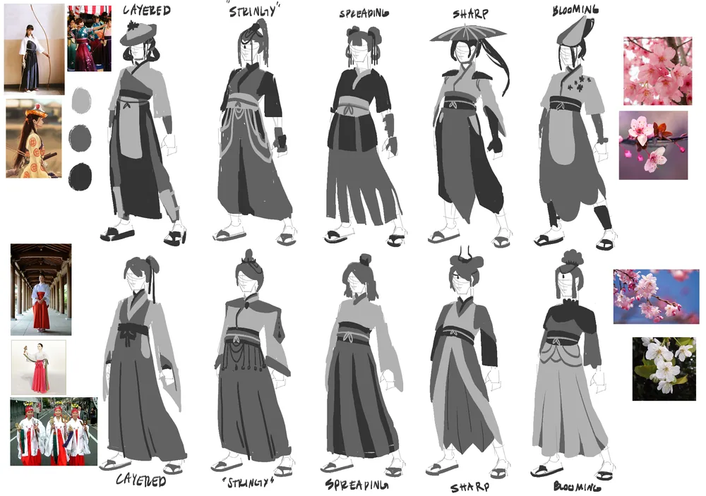 Five greyscale robe designs labelled Layered, Stringy, Spreading, Sharp and Blooming, each drawn twice, with photo references.