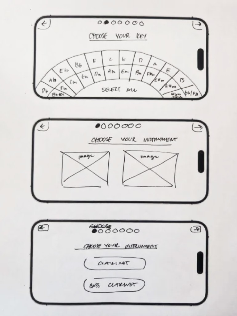 Ideation sketches: choose your instrument—image tiles and clarinet options