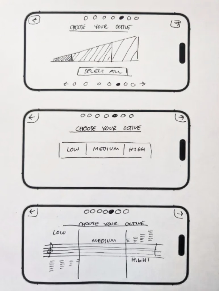 Ideation sketches: choose your octave—three landscape phone concepts