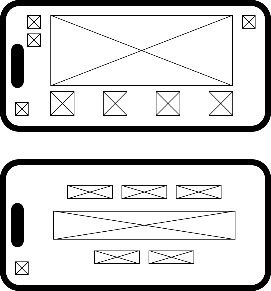 Two landscape phone wireframes with X-marked bounding boxes mapping placeholder regions for UI assets
