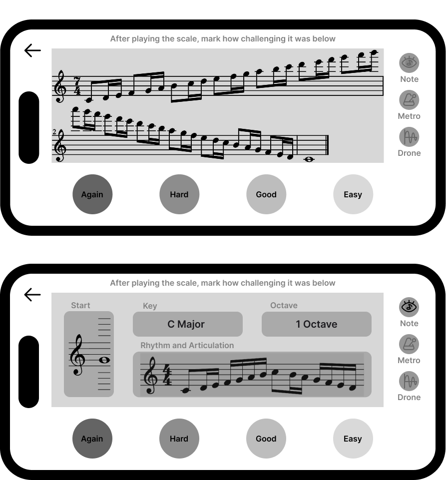 Two landscape mockups: top shows dense full notation for a long scale with sidebar Note, Metro, Drone and Again through Easy ratings; bottom shows notation off with modular start note, key, octave, and rhythm summary in the main area